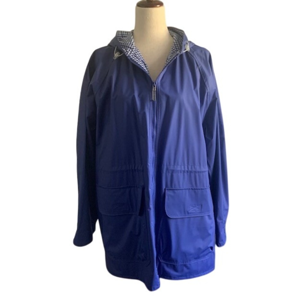 Totes Oversized Utility Rain Jacket Womens M Blue Gingham Hooded Coastal Preppy